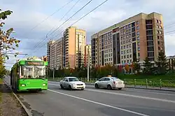 Жилые корпуса Деревни Универсиады со стороны улицы Академика Парина (октябрь 2018)