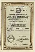 Акция в 1000 рублей, выданная на имя Госбанка СССР, смешанного акционерного общества «Советская энциклопедия» (1928)
