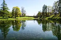 Современный весенний вид Белого озера в сторону Адмиралтейского моста(хорошо видно, что донный ил, образовавшийся из-за эвторфирования, доходит почти до поверхности озера)