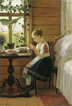 На даче. Девочка за чисткой ягод. 1880