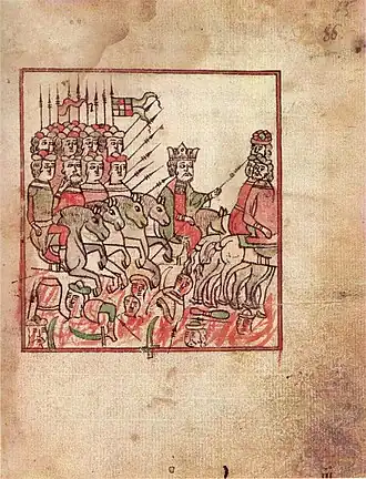 Владимир Храбрый выезжает из дубравыМиниатюра из «Сказания о Мамаевом побоище», XVII век