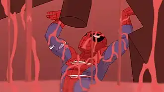 Человек-паук выбирается из-под обломковв убежище Хозяина