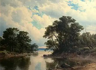 Пейзаж с рекой и рыбаком