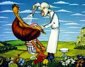 Доктор Айболит осматривает пасть льва. Кадр из 3-й серии «Варвара&nbsp;— злая сестра Айболита»