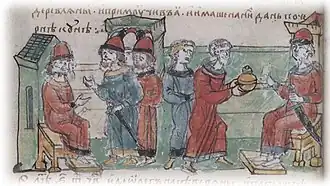 Древляне платят дань князю Олегу (883). Миниатюра из Радзивилловской летописи, конец XV века