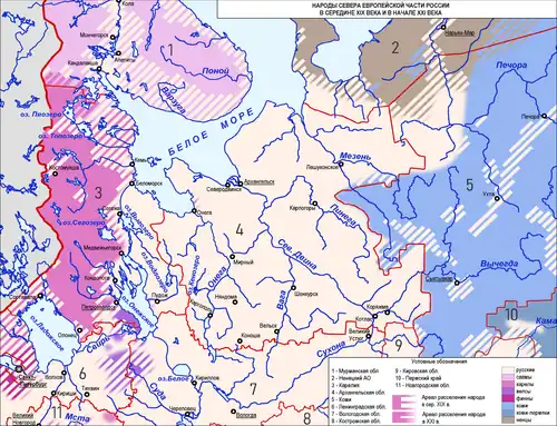 Север европейской части России с указанием расселения народов