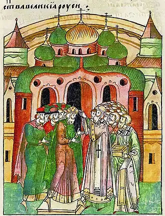 Епископ Неофит венчает князя Владимира Всеволодича Шапкой Мономаха, Миниатюра из Лицевого летописного свода XVI века
