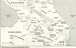 Закавказье и Восточная Анатолия в конце XVIII века с обозначением Восточной и Западной Армении