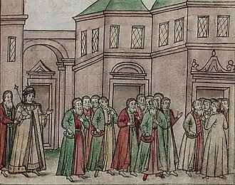 Описание «в лицах» свадьбы царя Михаила Федоровича с Евдокией Лукьяновной Стрешневой: «Государь пришел из своих хором в Залотую среднюю полату… А за ними шли бояря князь Иван Никитич Одоевской, князь Андрей Васильевич Хилков, околничей Артемей Михайлович Измайлов, думной дьяк Иван Граматин».