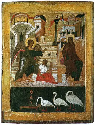 Прядущие Богородица и девушка
на иконе «Благовещение». Суздаль, XVI век