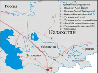Карта расположения газопроводов Казахстана, Туркменистана и Узбекистана. Газопровод «Восток — Запад» под номером 3