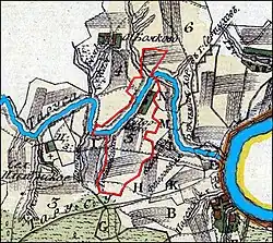 Схема владения Сутормино, принадлежащее Марии Степановой, дочери Ратиславской (выделено красным). На основе Атласа Калужского Наместничества 1782&nbsp;года.