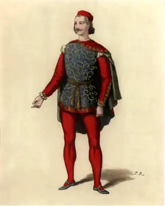 Французский актёр Леопольд Барре (Léopold Barré) в роли Париса. Автор рисунка не известен (подпись: P. R.). Цветная литография. Середина XIX века. 15,8 X 9,5