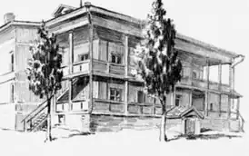 Титовский А. И. Рисунок «Чечено-Ингушетия. Дом Хастатовых в с. Парубочево (на Тереке), в котором бывал М.&nbsp;Ю.&nbsp;Лермонтов в 1818&nbsp;г.». 1964 год.