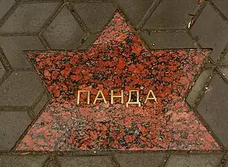 Пятиконечная звезда с названием предприятия, вложившего денежные средства на изготовление и установку фонаря