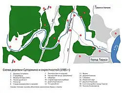 План деревни Сутормино и окрестностей. Показаны основные достопримечательности. Схема составлена на момент 1984&nbsp;года.