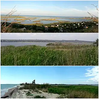 Сверху вниз:панорама озёр с террасы Азовского моря,лиман Краснопёр,перешеек между озёрами и морем