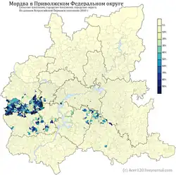 Расселение мордвы в ПФО по городским и сельским поселениям в %, перепись 2010 г.