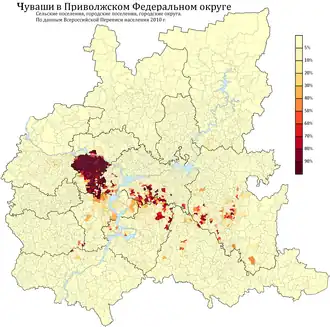 Расселение чувашей в ПФО по городским и сельским поселениям в %, перепись 2010 г.