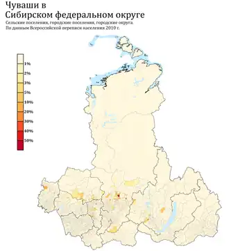 Расселение чувашей в СФО по городским и сельским поселениям в %, перепись 2010&nbsp;г.