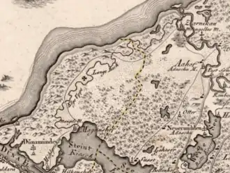 Река Ланга на карте из «Атласа Ливонии (или двух графств Ливония и Эстония) и провинции Озель» (конец XVIII века)