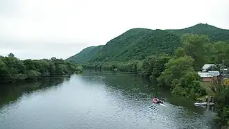 Вид на Уссури вверх по течению с моста на трассе «Осиновка&nbsp;— Рудная Пристань», за сопкой&nbsp;— село Цветковка.