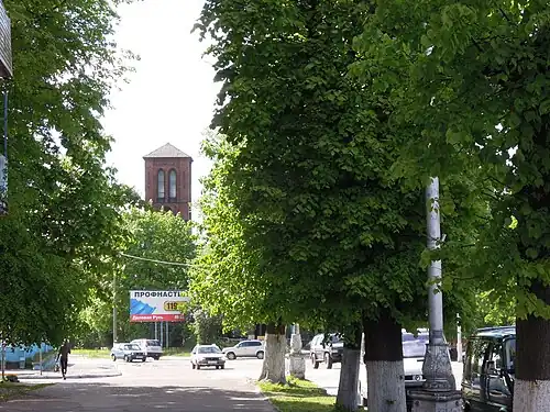 Башня Реформатской кирхи со стороны улицы Гагарина