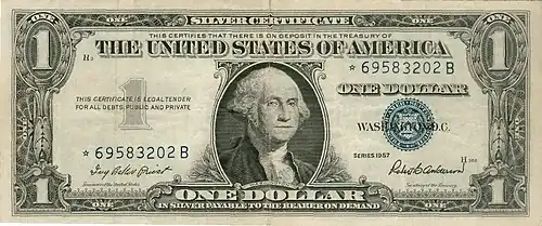 Однодолларовый сертификат 1957 года с изображением Дж. Вашингтона, аверс