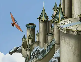 Аанг и Тео летят надСеверным храмом воздуха