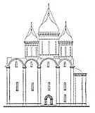 Софийский собор до 1613 г. по В.&nbsp;С.&nbsp;Баниге с предполагаемыми шлемовидными завершениями глав