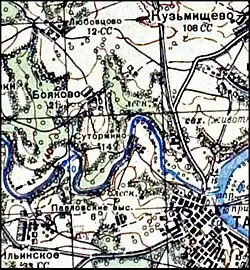 Участок карты 1941&nbsp;года. Эта карта использовалась частями Советской армии во время Великой Отечественной войны. Цифры у населённых пунктов — количество домов