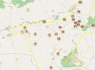 Цифрами обозначены: 1 — Марьино ущелье, 2 — Красногорский археотоп (Хрипуновский могильник, Лизуново городище), 3 — Коловский, 4 — Верхне-Ингальский Борок, 5 — Липихинское, 6 — Боровушки, 7 — Скородум, 8 — Тютринский могильник, 9 — Ингалинское, 10 — Слободо-Бешкильское городище, 11 — Нижнеингалинское, 12 — Пушкарёво, 13 — Ак-Паш, 14 — Сазык, 15 — Сосновка, 16 — Остров, 17 — Бузан, 18 — Имбиряй, 19 — Устюг, 20 — Щетково, 21 — Старо-Лыбаево, 22 — Двухозёрное, 23 — Гилёва, 24 — Ук, 25 — Хохловский курган