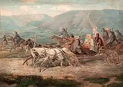 Дилижанс с пассажирами под охраной казаков на дороге в станицу Червлённую (Терского казачьего войска).