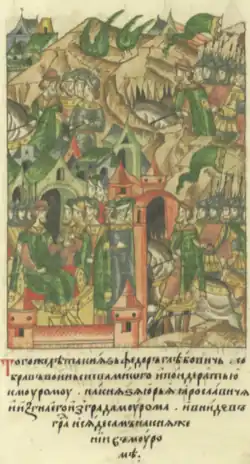 Фёдор Глебович выгоняет Юрия Ярославича из Мурома, Лицевой летописный свод, XVI в.