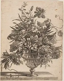 Цветы в стеклянной вазе. Офорт по картине Ж.-Б. Моннуайе. 1659