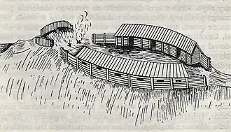 Общий вид сооружений городища с капищем. Реконструкция