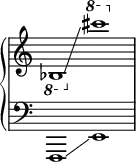  \new PianoStaff <<
  \new Staff = "right" \with {\remove "Time_signature_engraver"} {\time 2/1
    \ottava #-1 bes,1 \glissando \ottava #1 cis''''1
  }
  \new Staff = "left" \with {\remove "Time_signature_engraver"} {
    \clef bass
    f,,1 \glissando e,1
  } >> 