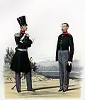 1829—1841. Штаб-офицер в походной форме (сюртук) и рядовой (лейбик).