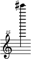 { \new Staff \with { \remove "Time_signature_engraver"} {\clef "treble^15" eis'''''''4}}