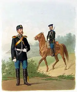 Обер-офицер в парадной форме и рядовой в обыкновенной форме военного времени. 1889 год