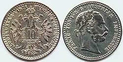Австрийская биллонная монета номиналом в 10 крейцеров, 1871 г. Содержание серебра — 40 %.