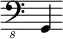 { \new Staff \with { \remove "Time_signature_engraver"} {\clef "bass_8" g,,4}}