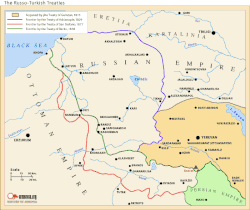 Территориальные изменения в Закавказье во второй половине XIX века. Фиолетовая черта — Адрианопольский договор (09.1829), красная — Сан-Стефанский договор (02.1878), зелёная — Берлинский трактат (07.1878)