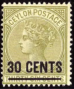 1885: надпечатка нового номинала в 30 центов (Yt #104; SG #191)