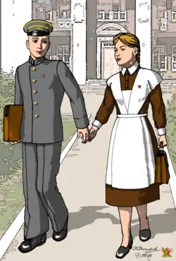 Учащиеся старших классов: слева форма для юношей (мундир); справа праздничная форма для девушек.