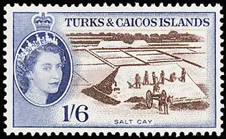 1957: добыча соли на острове Солт-Кей. Портрет Елизаветы II&nbsp;(Mi&nbsp;#173)