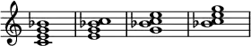 \new Staff \with { \remove "Time_signature_engraver" } {
< c' e' g' bes' >1
< e' g' bes' c'' >1
< g' bes' c'' e'' >1
< bes' c'' e'' g'' >1 }