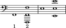 \new Staff \with {\remove "Time_signature_engraver"} {\clef bass \time 2/1
f,1
< f,, f, f >1

e1
< e, e e' >1 }
\addlyrics {"1" "2"}