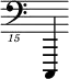 { \new Staff \with { \remove "Time_signature_engraver"} {\clef "bass_15" c,,,,4}}