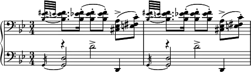 
{
\new PianoStaff
<<

\new Staff = "up" {
\clef bass
\key g \minor
\time 3/4
\set Score.tempoHideNote = ##t
\tempo 4 = 44
\set tieWaitForNote = ##t
\tieDown
\grace { < bes~ es'~ fis' >64[ e'] } < bes es' fis' >8. <bes es' fis' >16-.( < bes es' fis' >8-.[ <bes es' fis'>-.]) 
<cis es a>->(  <e fis c'>-.)
\grace { < bes~ es'~ fis' >64[ e'] } < bes es' fis' >8. <bes es' fis' >16-.( < bes es' fis' >8-.[ <bes es' fis'>-.]) 
<cis es a>->(  <e fis c'>-.)
}

\new Staff = "down" {
\clef bass
\key g \minor
\time 3/4
<< { \tieDown \slashedGrace { g,32~ } < g, d >2 d,4 \slashedGrace { g,32~ } < g, d >2 d,4  } \\ { e'4\rest \dotsUp d'2^> e'4\rest d'2^> } >>
}

>>
}
